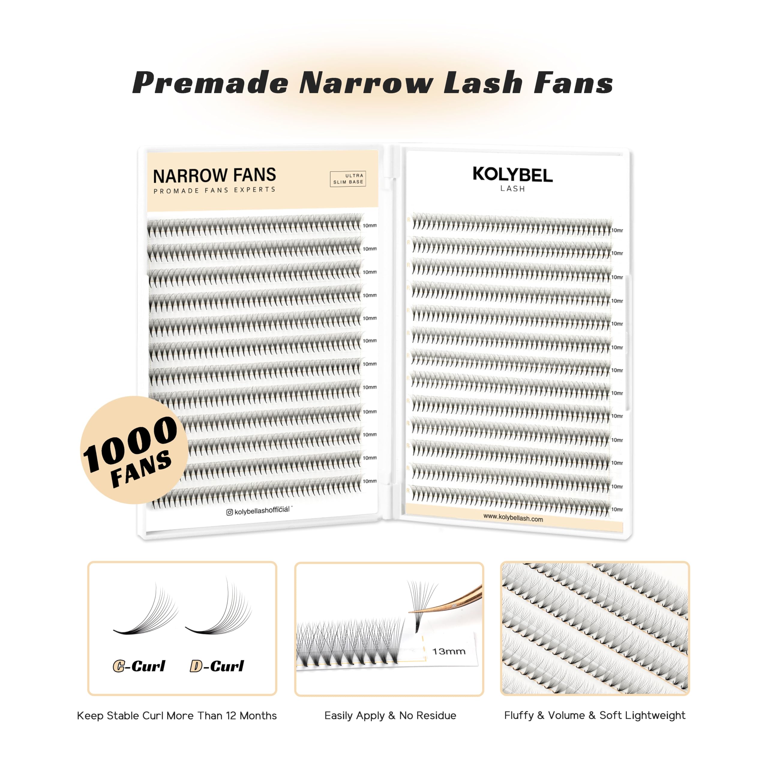 Kolybel premade lash fans black PBT material for soft, lightweight wear.