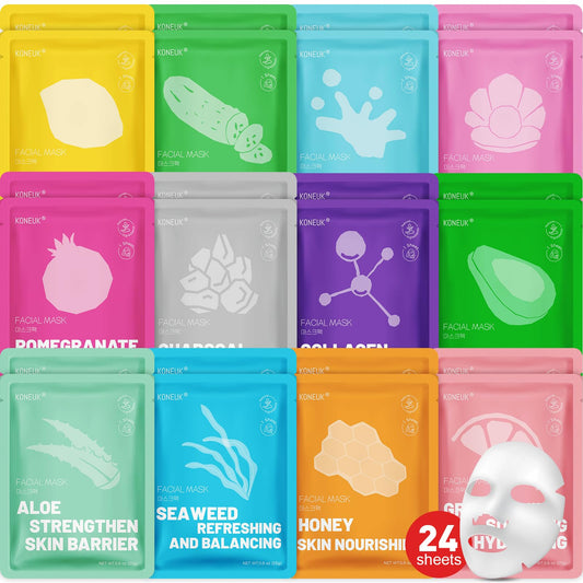 KONEUK 24-pack mask set with assorted sheets for hydration.