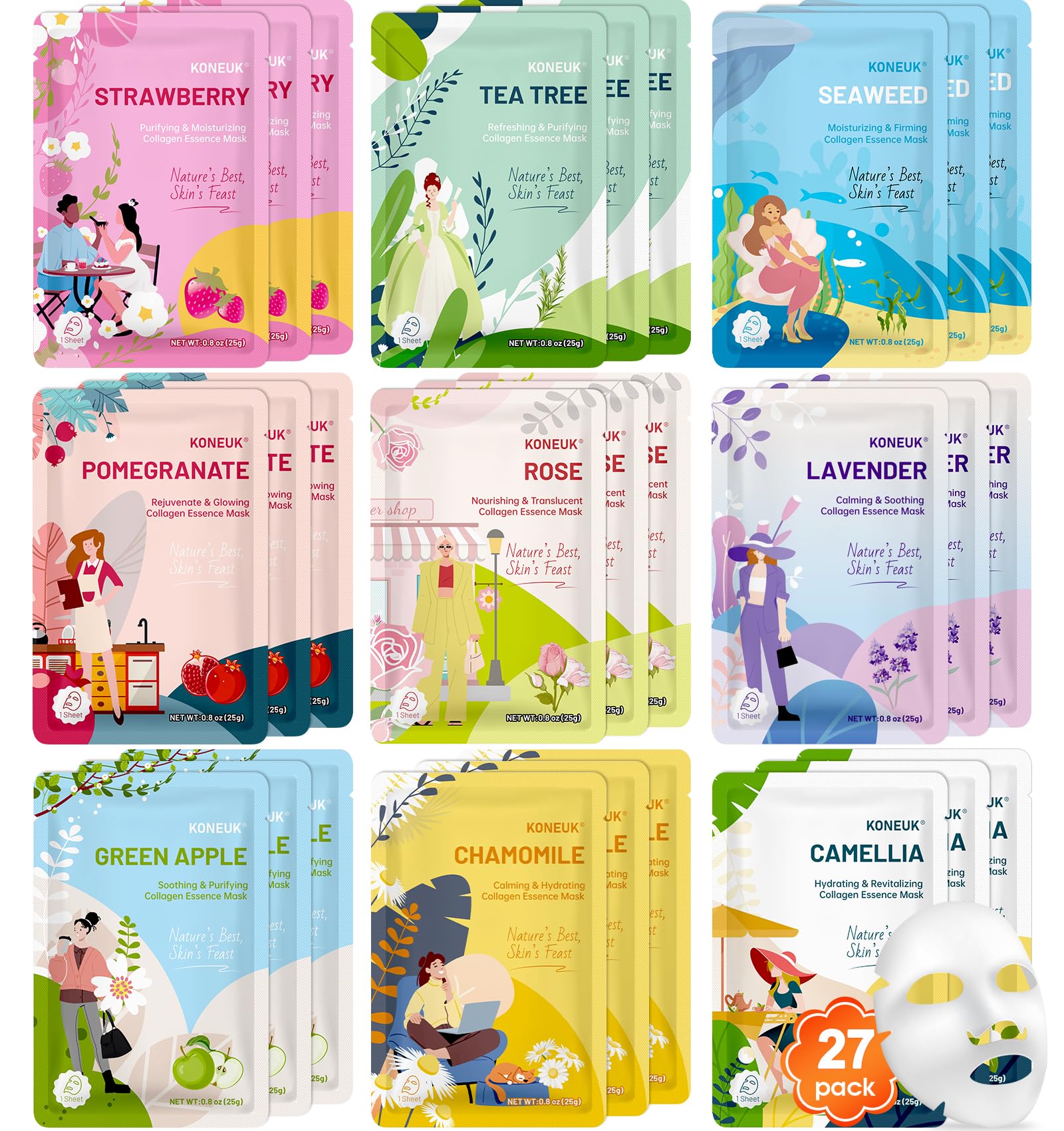 KONEUK 27-pack collagen face masks collection for deep hydration