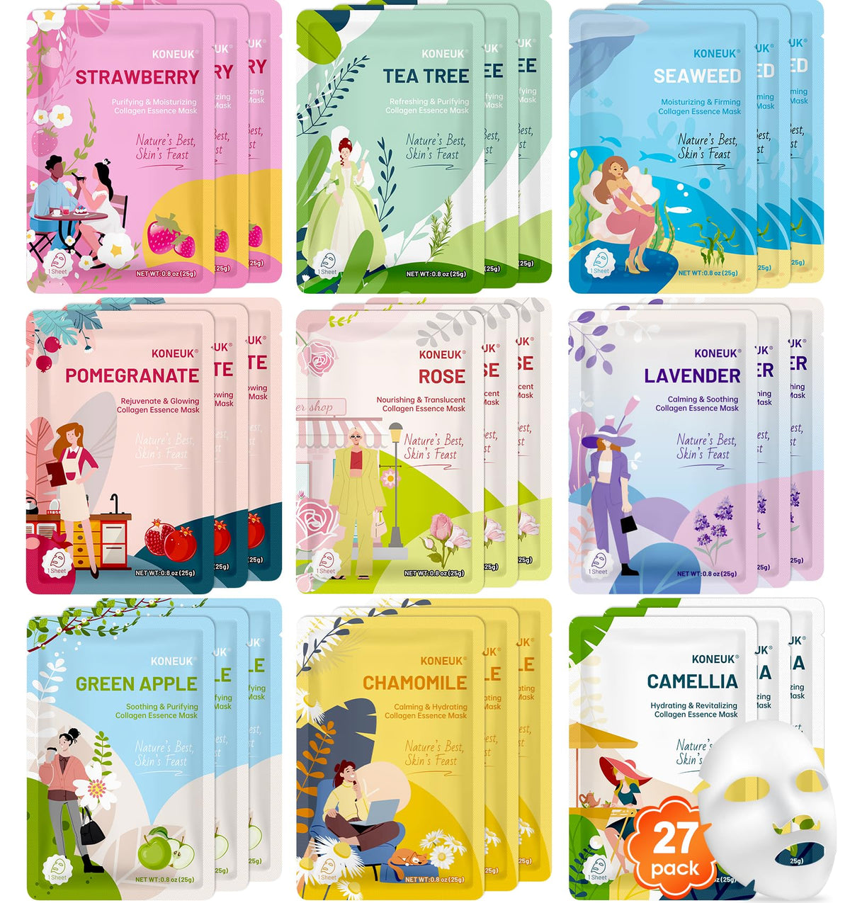 KONEUK 27-pack collagen face masks collection for deep hydration
