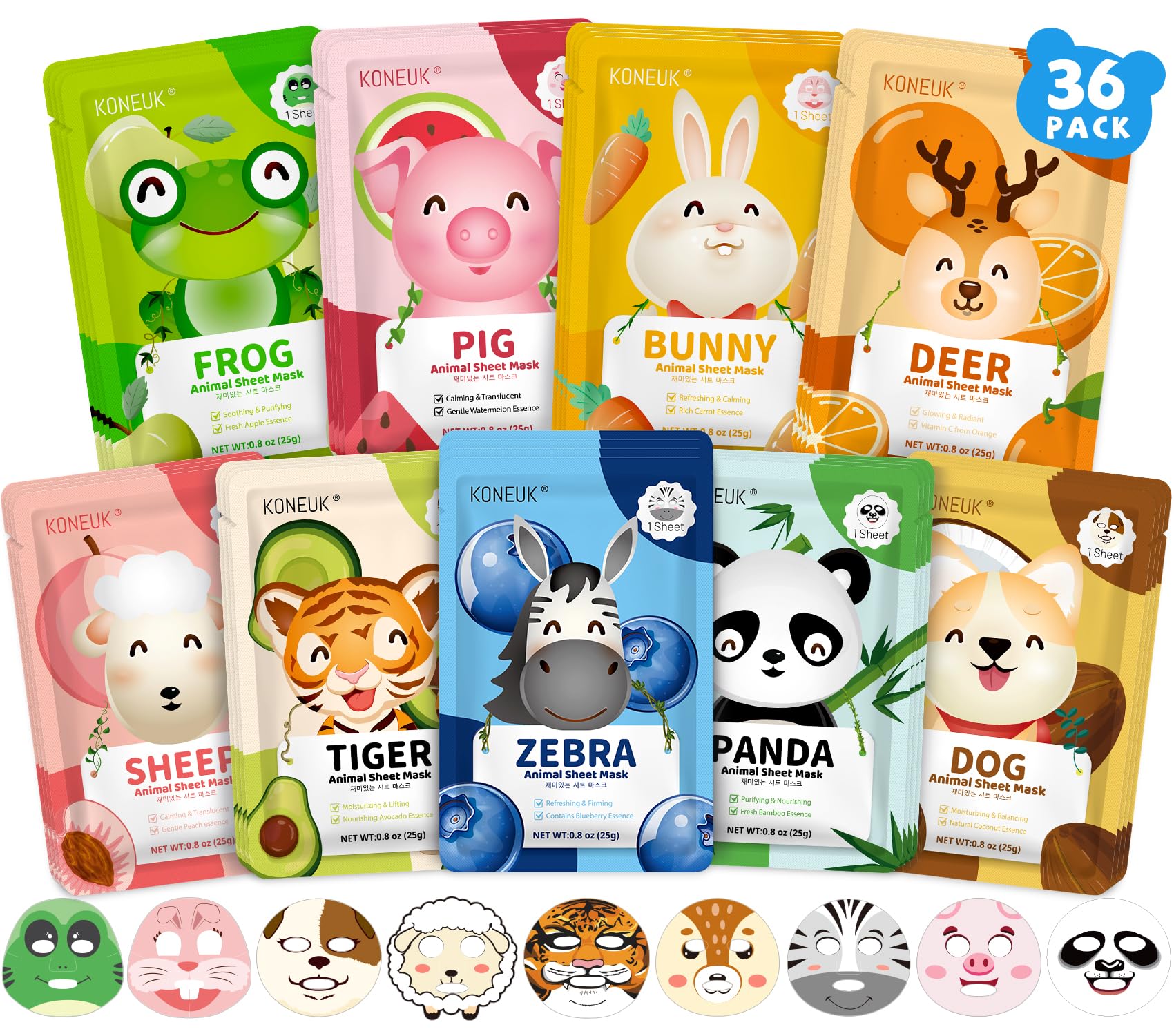 KONEUK 36-pack animal face masks for kids skincare routine and fun