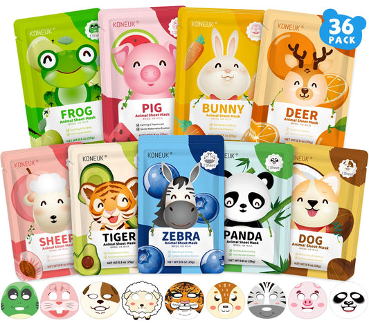 KONEUK 36-pack animal face masks for kids skincare routine and fun