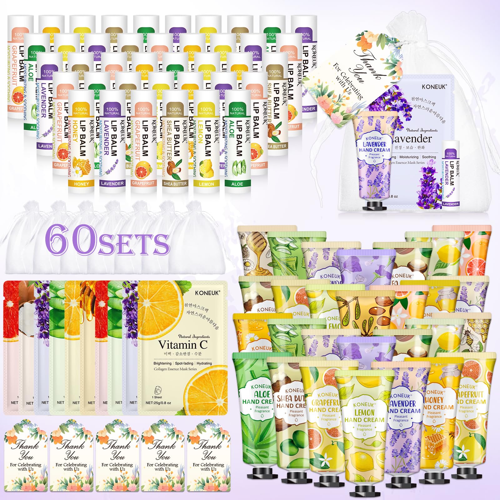 KONEUK 60-pack lip balm set with six scents for guest favors.