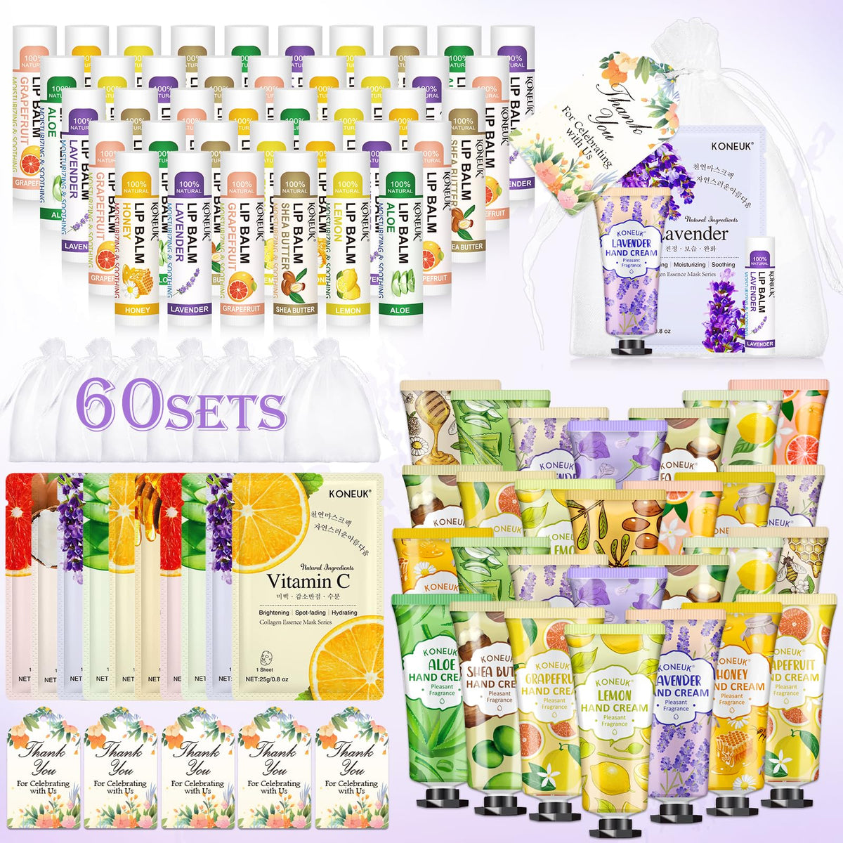 KONEUK 60-pack lip balm set with six scents for guest favors.