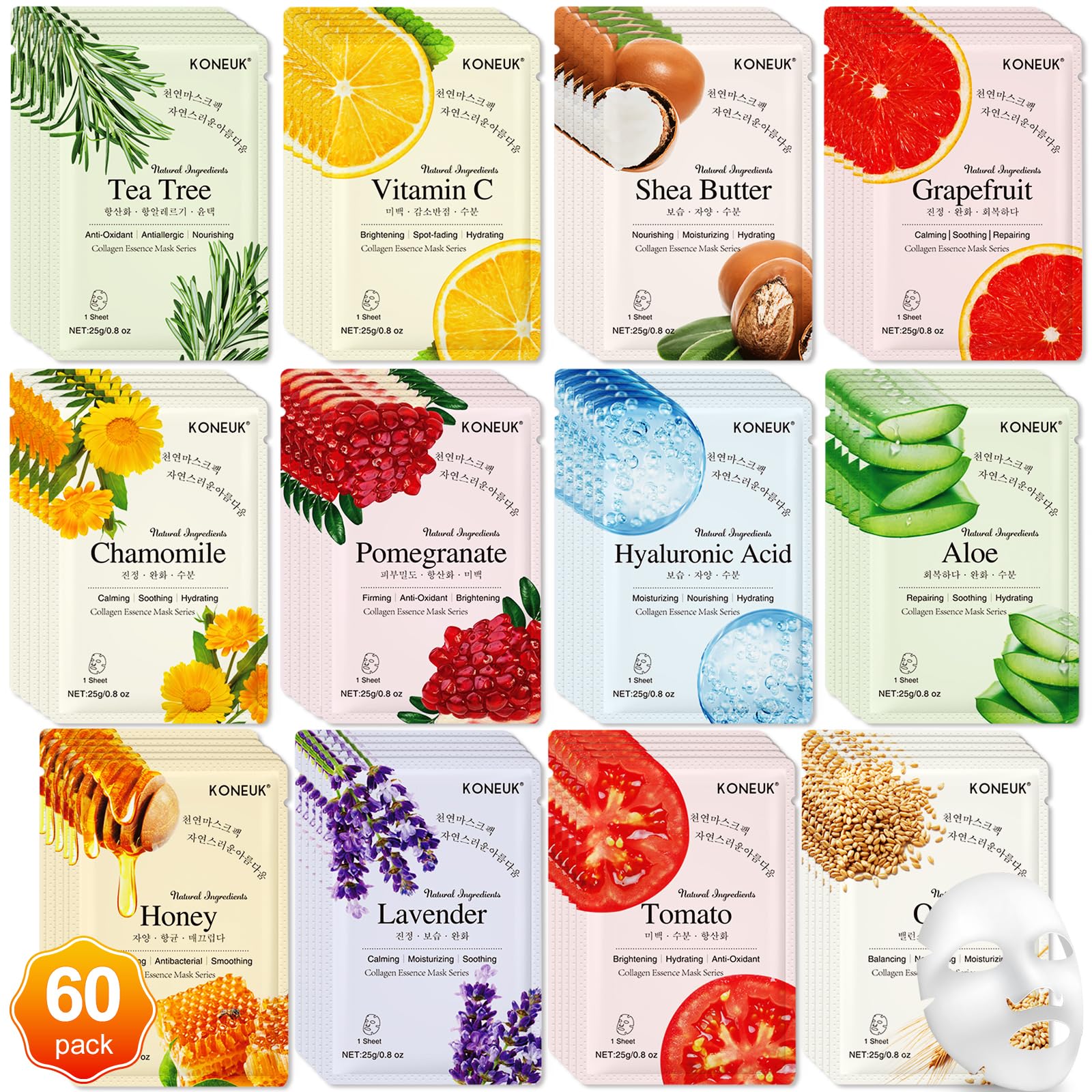KONEUK 60-pack collagen masks box front view shows variety for all skin types.