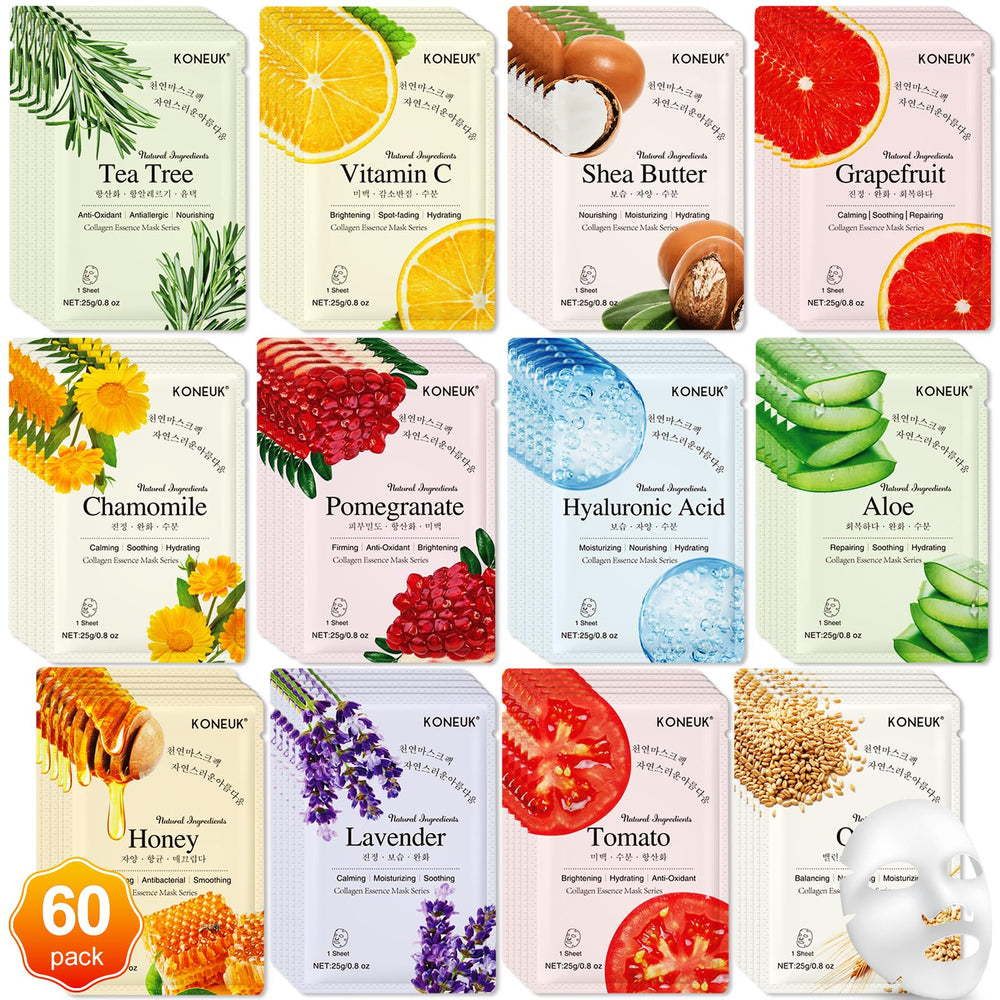 KONEUK 60-pack collagen masks box front view shows variety for all skin types.