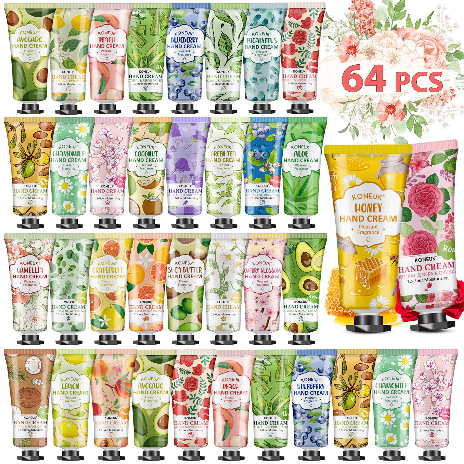 KONEUK 64-pack hand cream set with varied fragrances for versatile gifting and daily moisture.