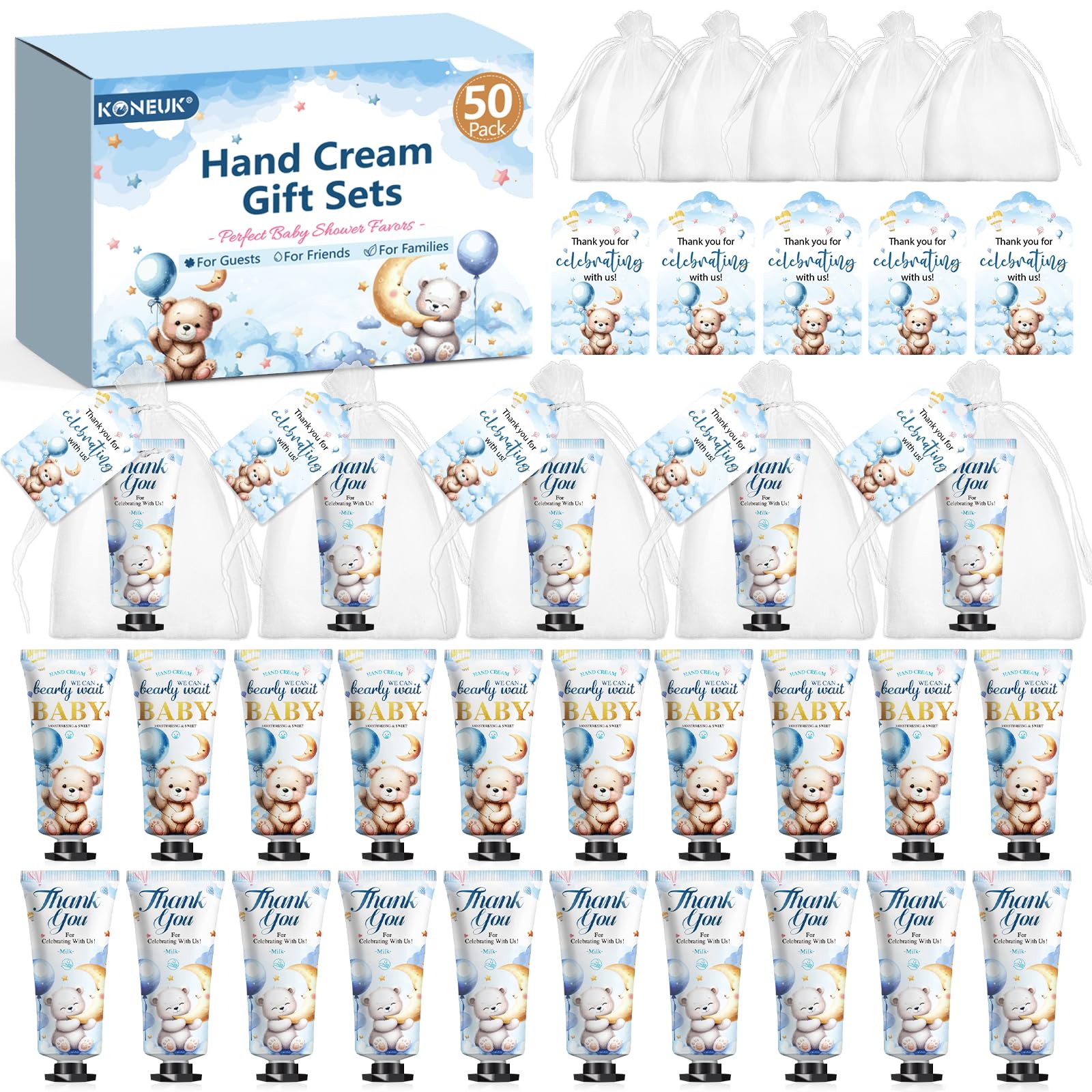KONEUK bear-patterned packaging on hand cream, ideal for baby shower gifts.
