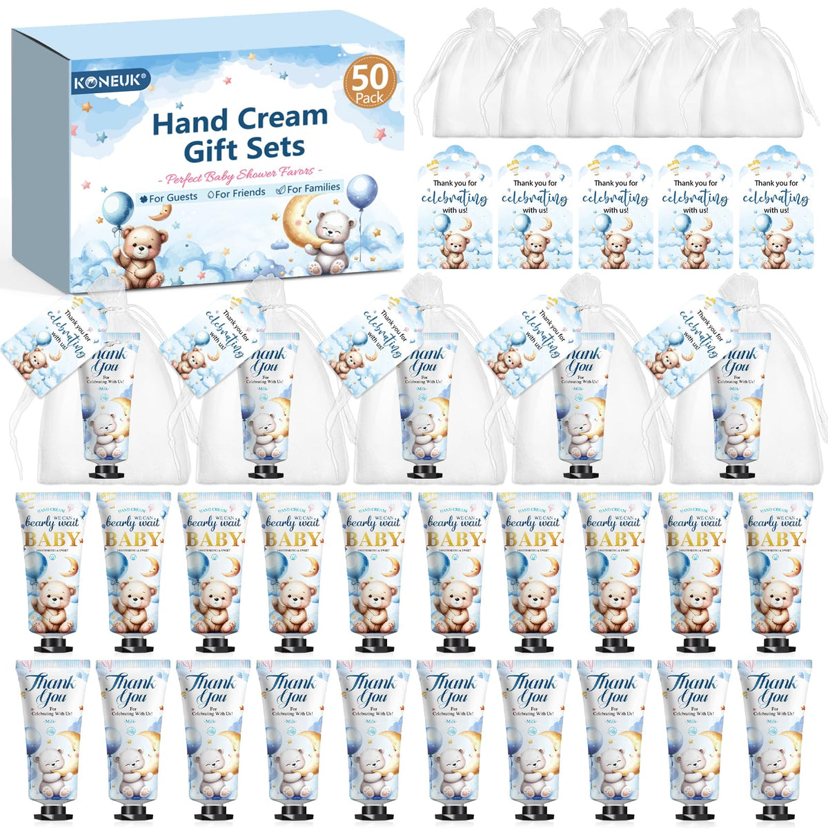 KONEUK bear-patterned packaging on hand cream, ideal for baby shower gifts.
