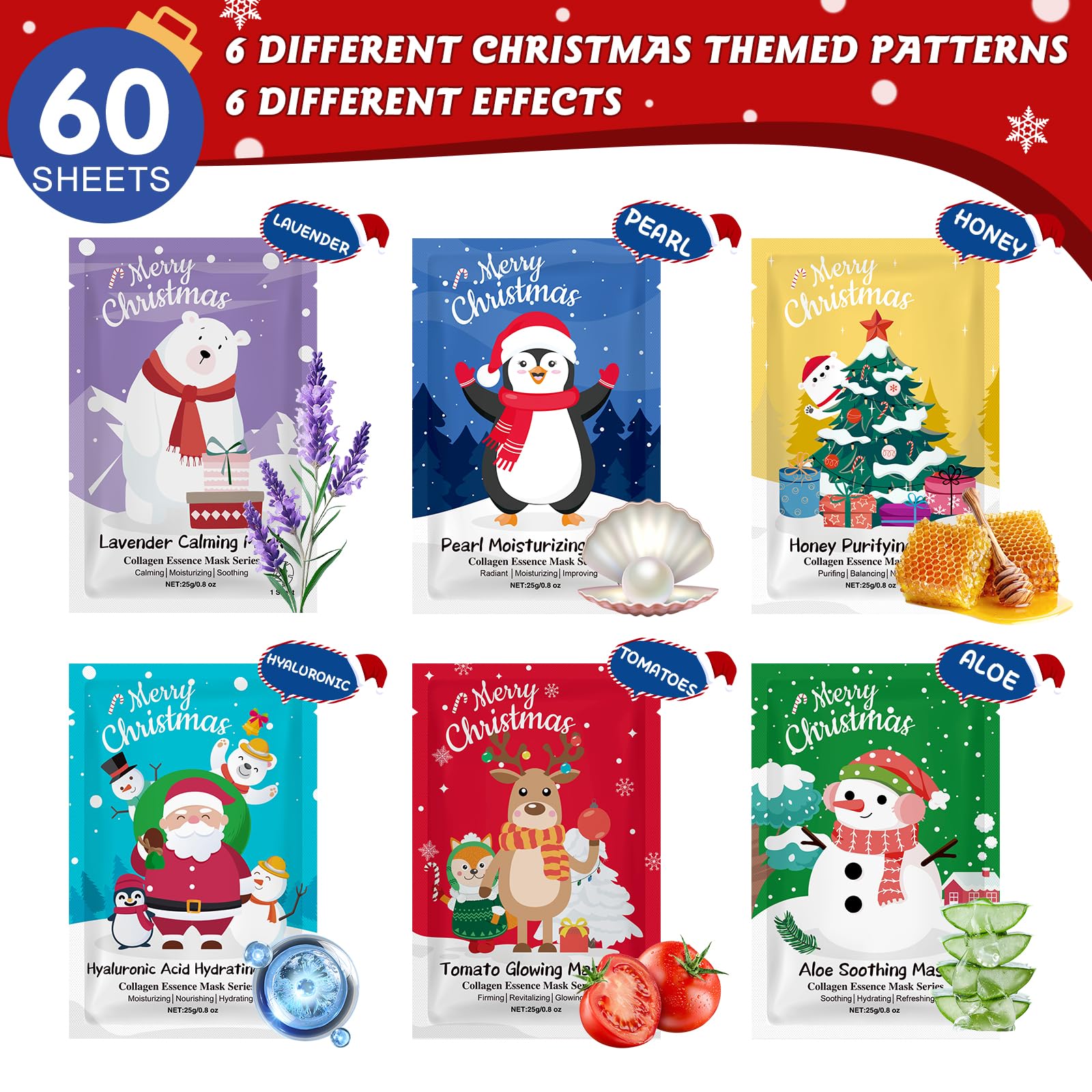 KONEUK Christmas-pattern masks set displaying six formula options for hydration and comfort.