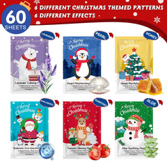 KONEUK Christmas-pattern masks set displaying six formula options for hydration and comfort.