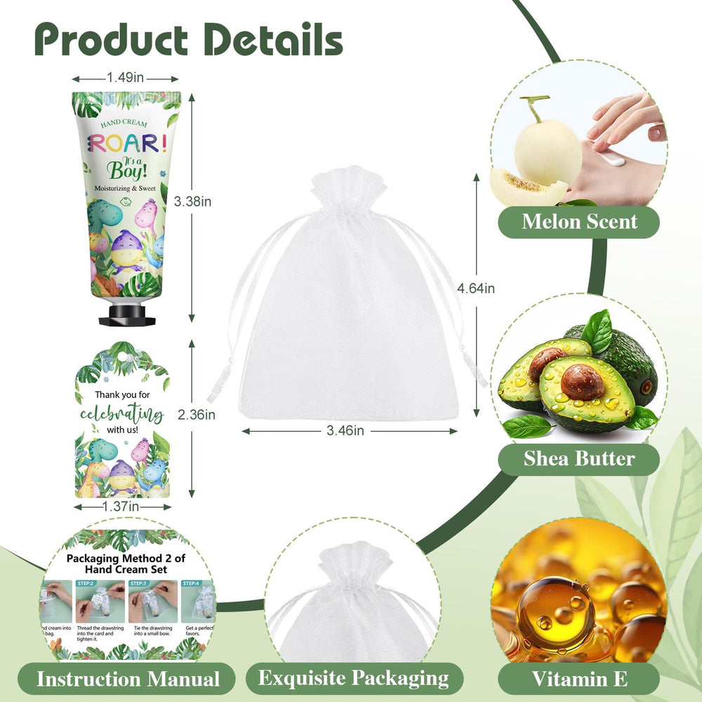 Opened box reveals 50 KONEUK creams with dinosaur motif and organza bags