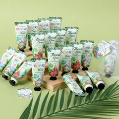 Bridal welcome bag includes KONEUK dinosaur hand cream for guests