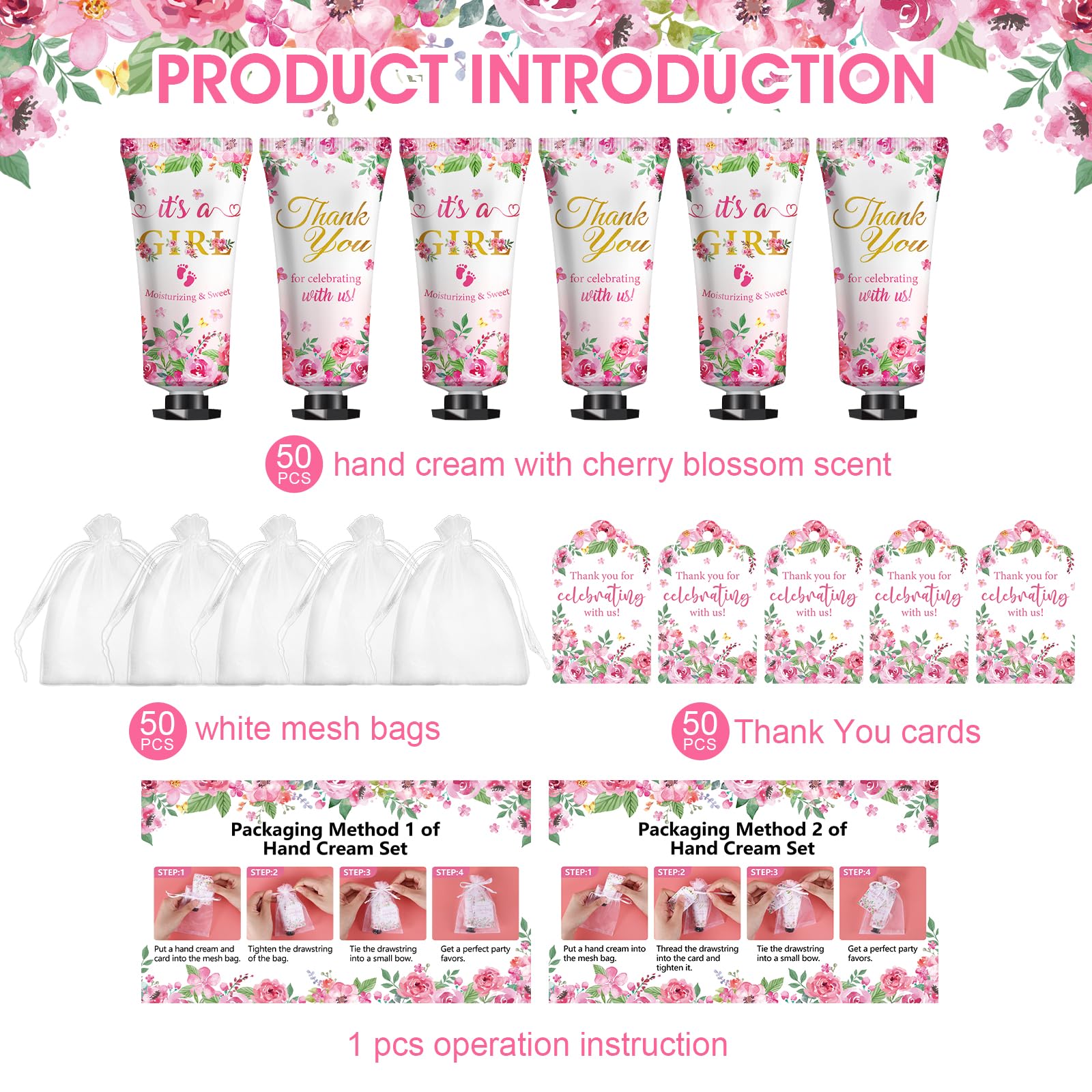 KONEUK pink flower baby shower theme adds a charming decorative touch.