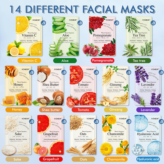 KONEUK sheet masks with varied ingredients close-up highlight versatility for different skin needs.