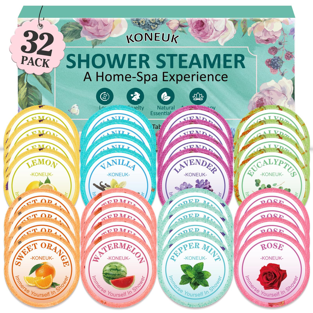 KONEUK 32-pack lemon shower steamers for refreshing mornings and mood uplift.