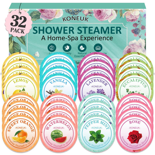 KONEUK 32-pack lemon shower steamers for refreshing mornings and mood uplift.