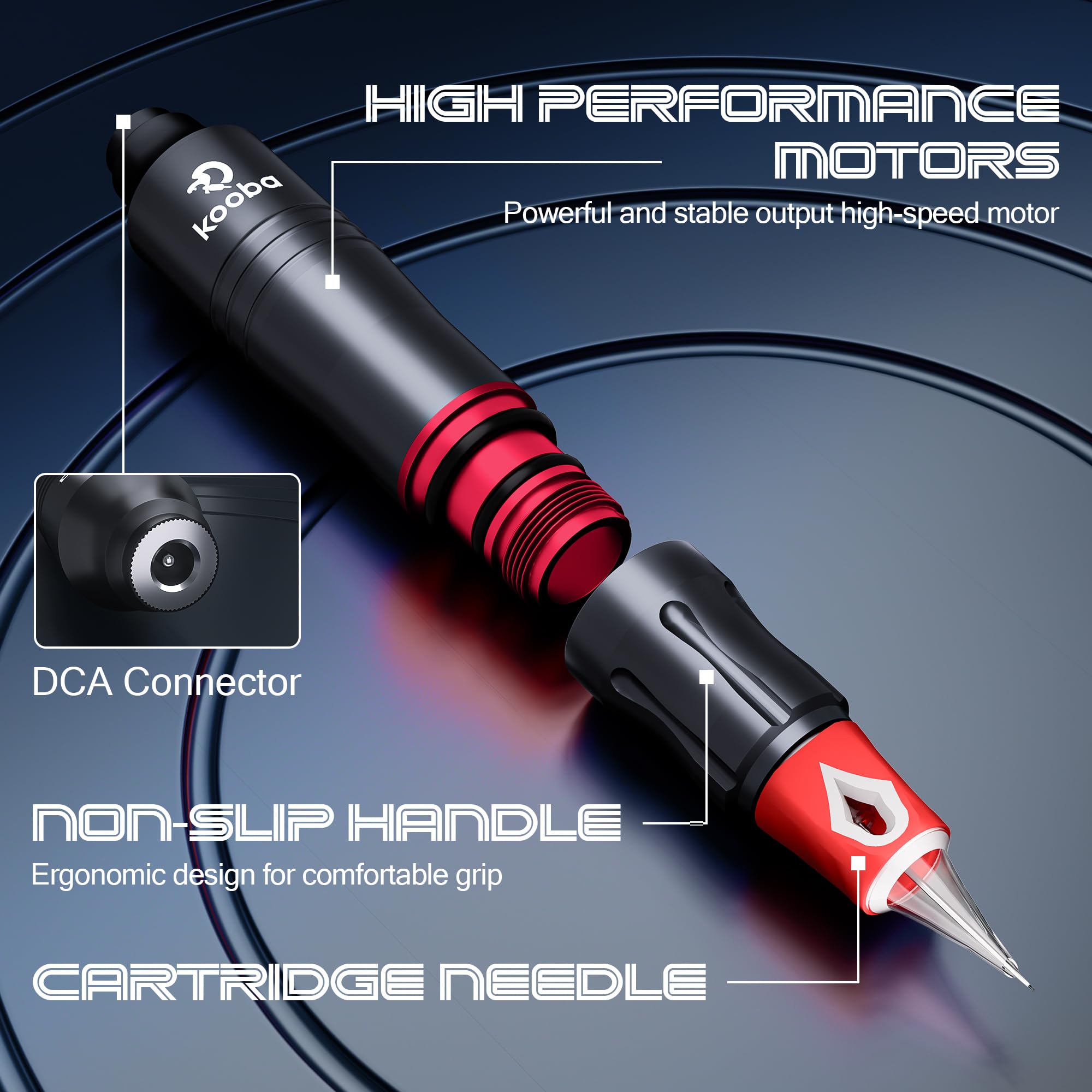 Kooba power adapter provides stable voltage for smooth sessions.