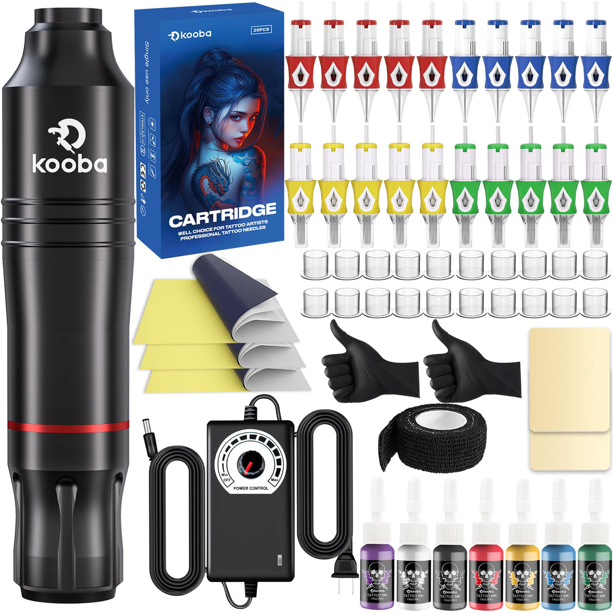 Kooba tattoo gun kit pen shown for precise outlining.