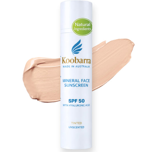 Koobarra Mineral Sunscreen bottle pour shows easy application and mineral protection.