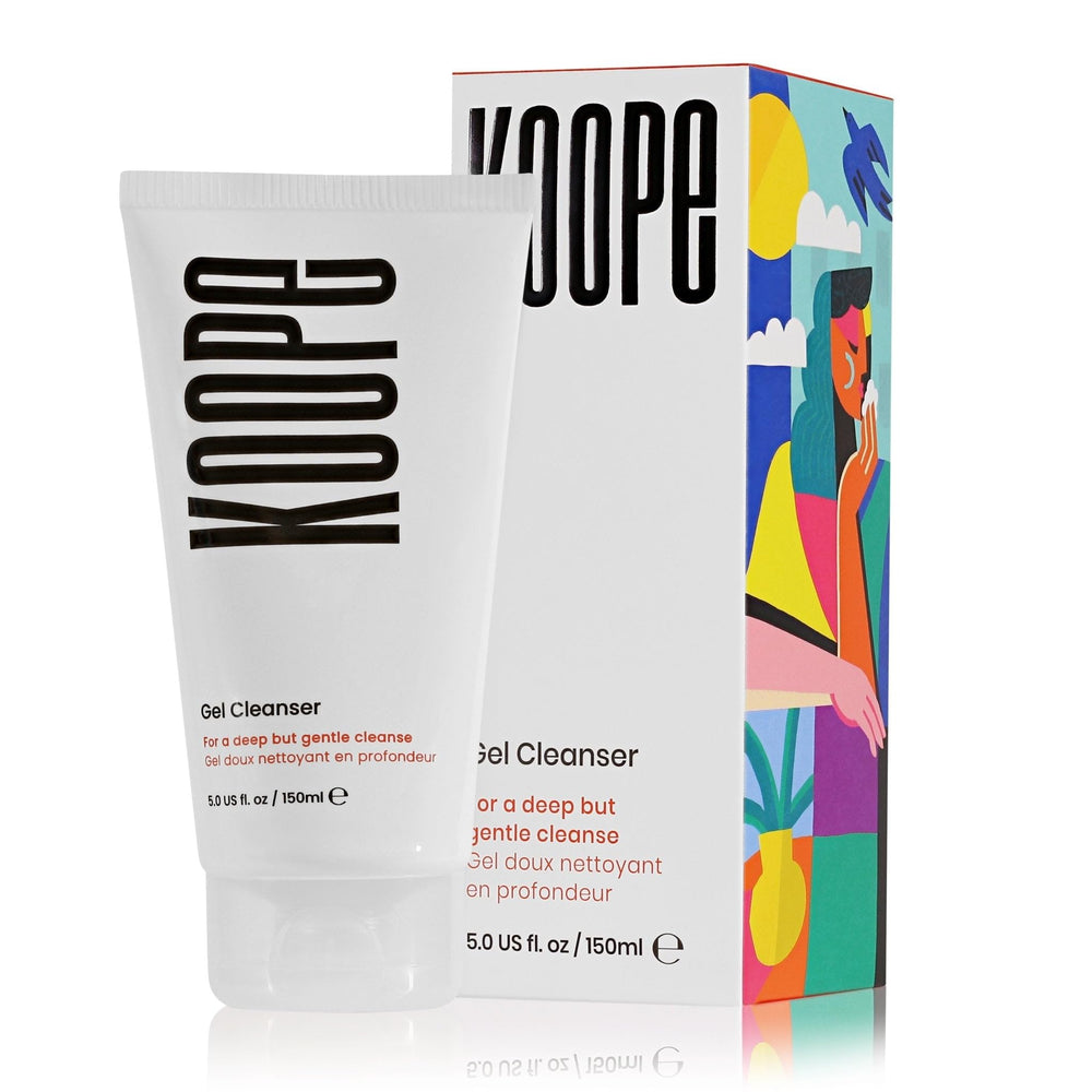 Koope Gel Face Wash bottle closeup shows gentle cleansing for all skin types.