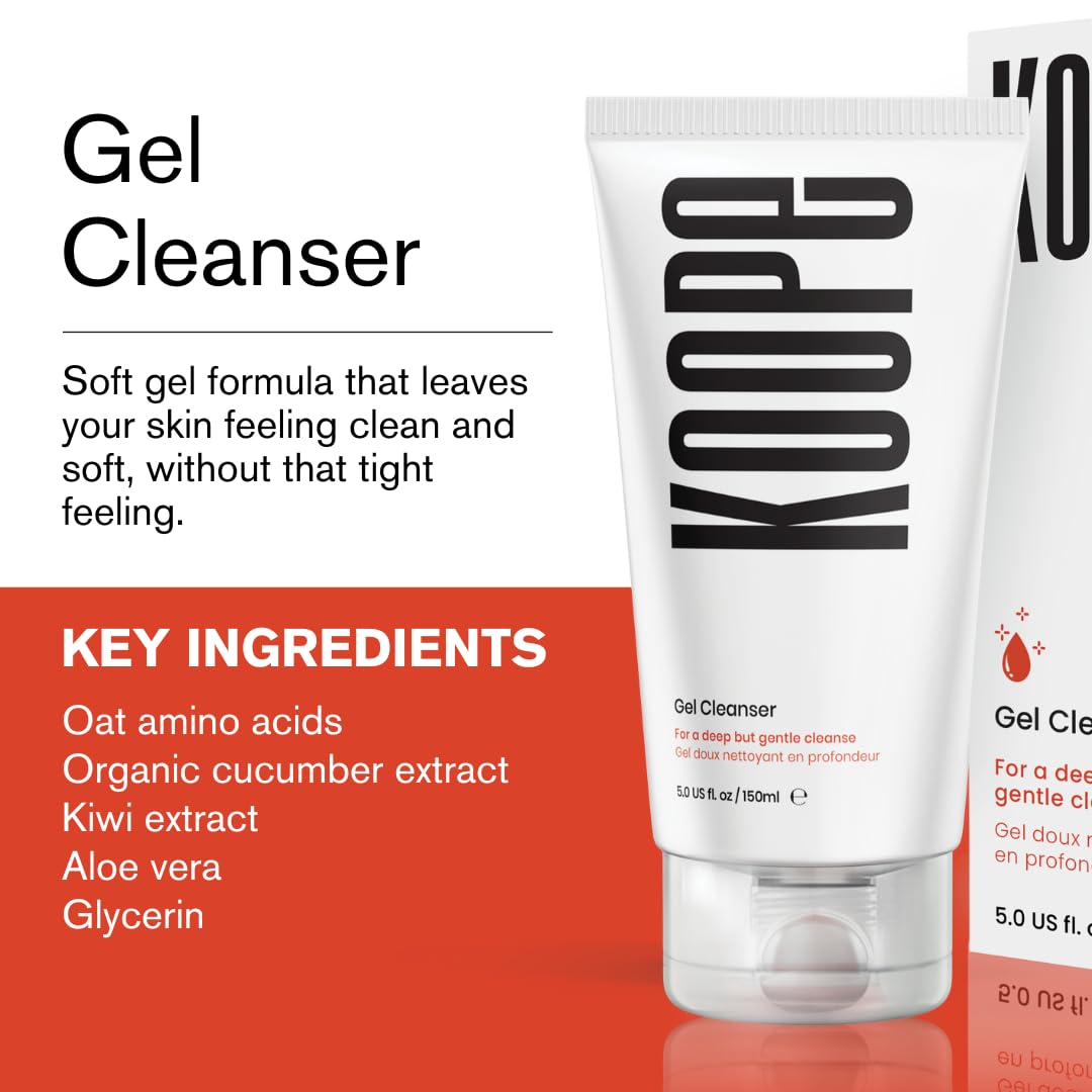 Koope Gel Face Wash ingredients closeup highlights oat amino acids for moisture.