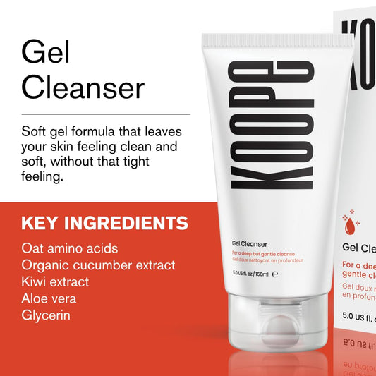 Koope Gel Face Wash ingredients closeup highlights oat amino acids for moisture.