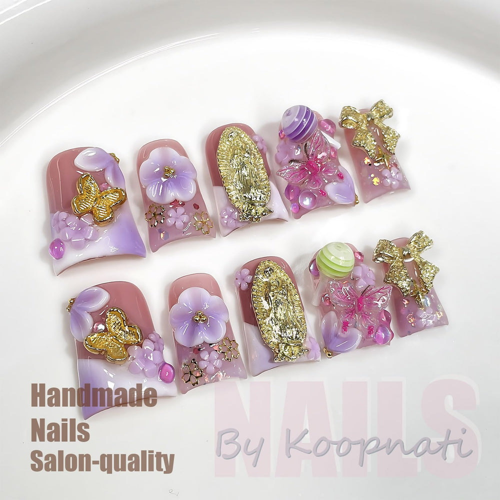 Koopnati French tip nails with 3D design for salon-quality finish.