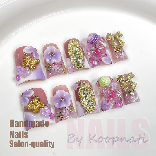 Koopnati French tip nails with 3D design for salon-quality finish.