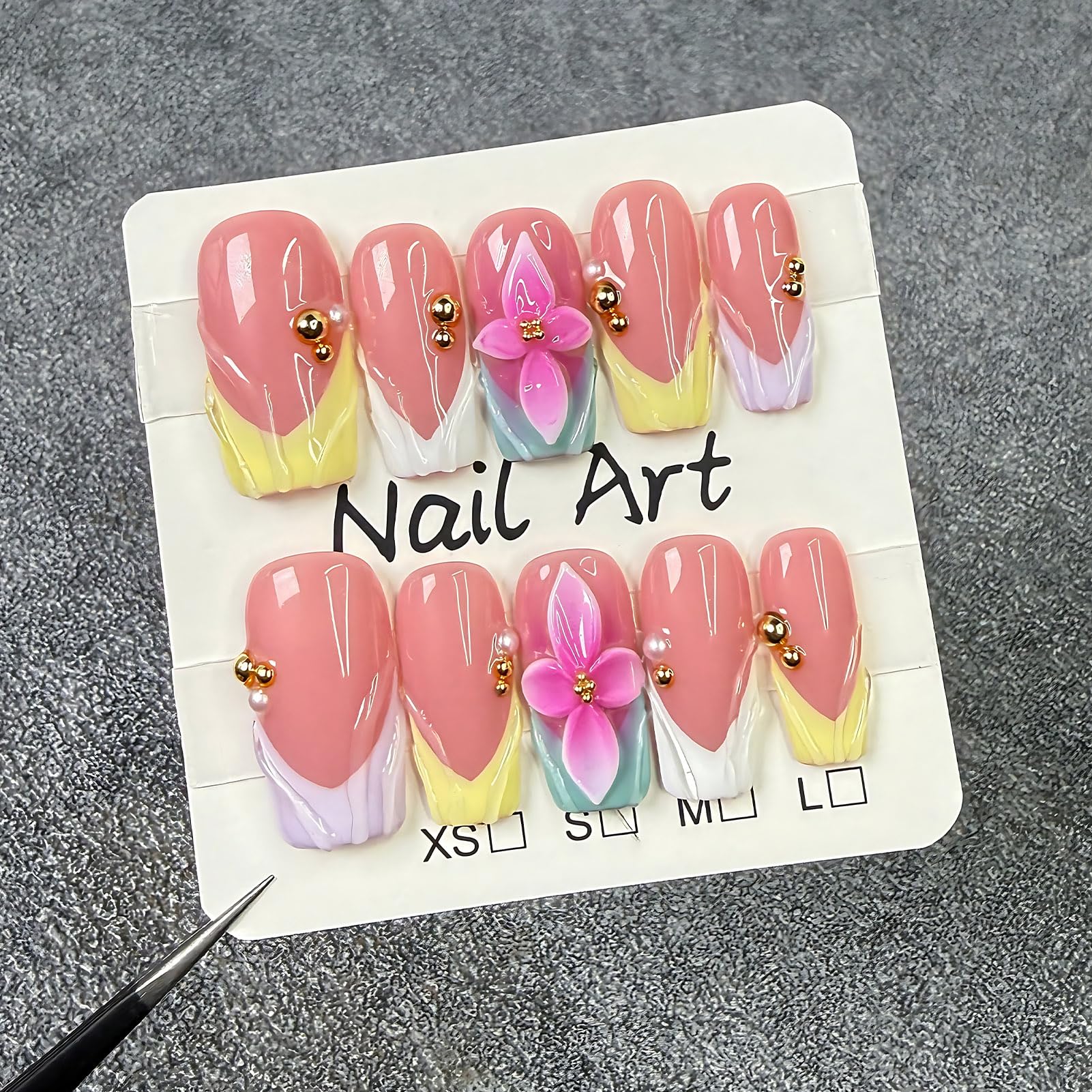 koopnati handmade press-on nails square pink 3D summer flower for a vibrant at-home manicure