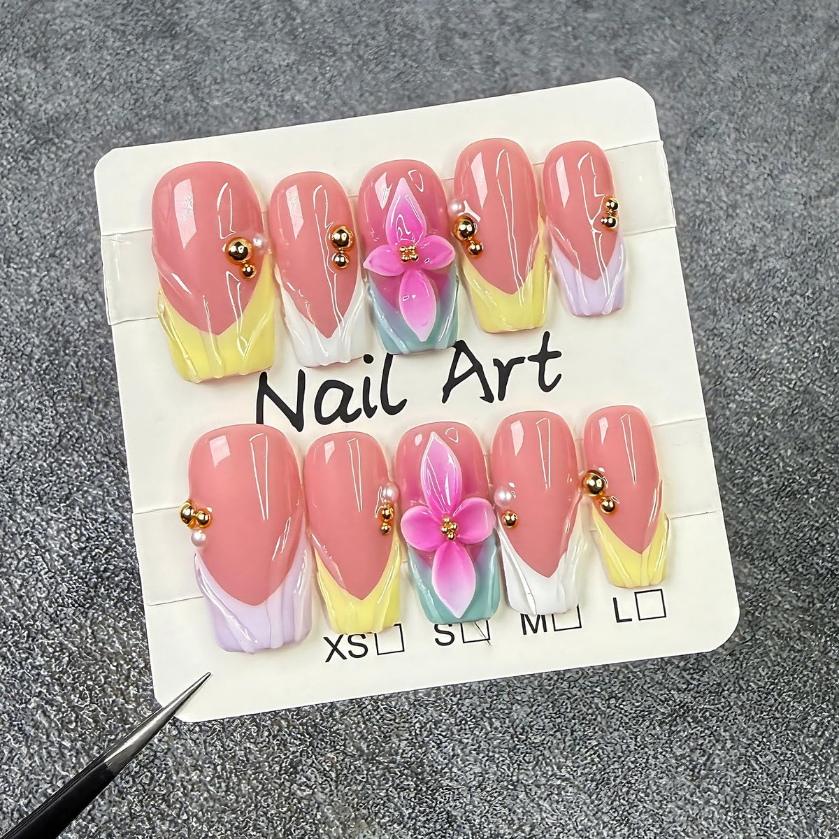 koopnati handmade press-on nails square pink 3D summer flower for a vibrant at-home manicure
