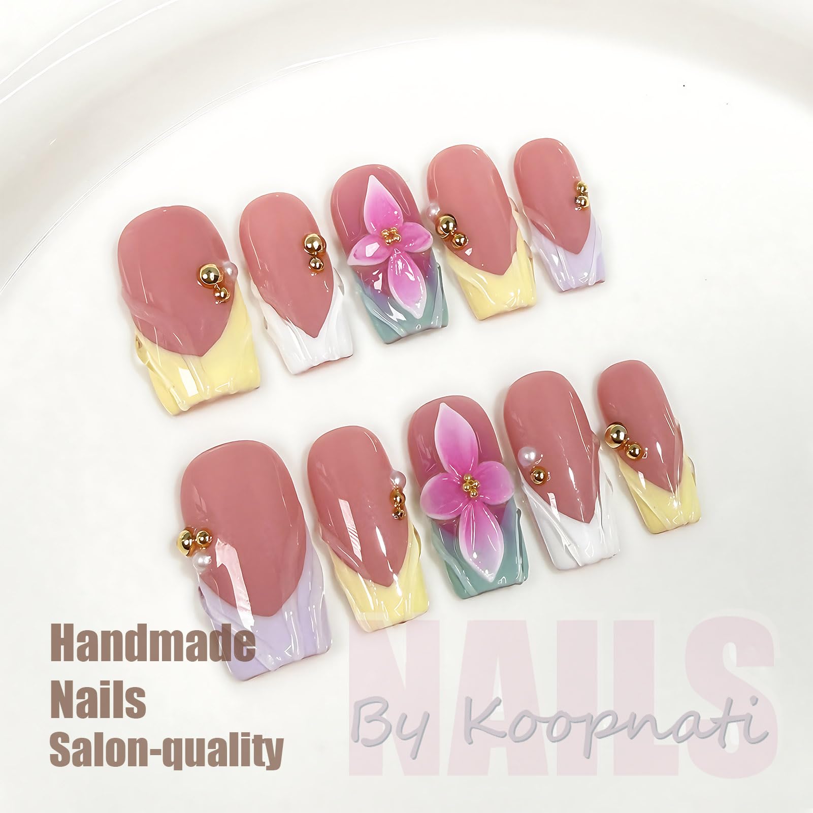 koopnati handmade press-on nails square pink French tip with 3D design for chic everyday wear