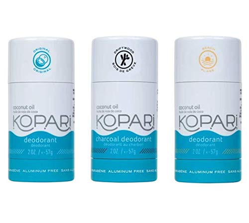 Kopari aluminum-free deodorant 3-pack front view; compact packaging for on-the-go freshness.