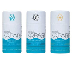 Kopari aluminum-free deodorant 3-pack front view; compact packaging for on-the-go freshness.