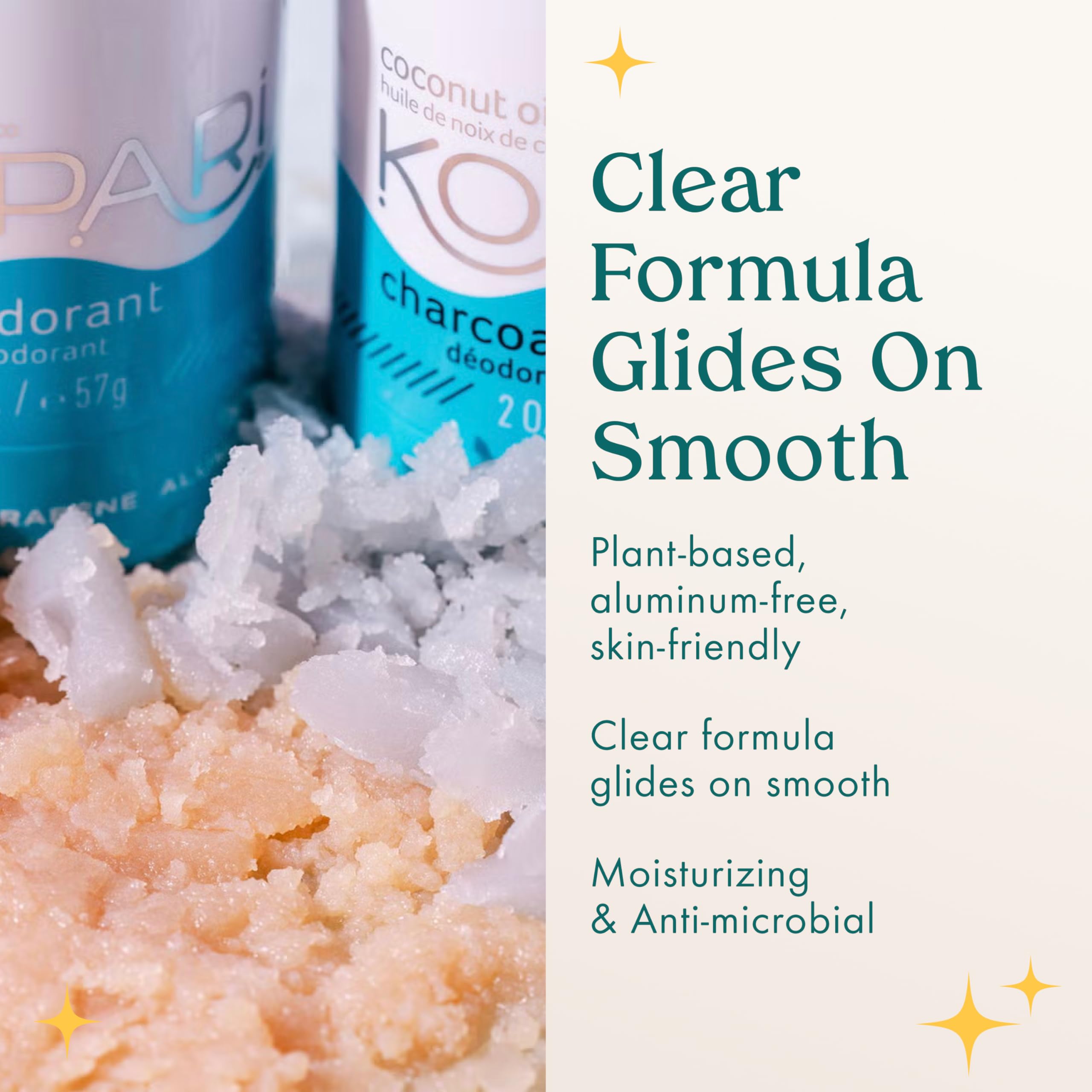Kopari Aluminum-free deodorant clear formula application highlights easy, skin-friendly use.