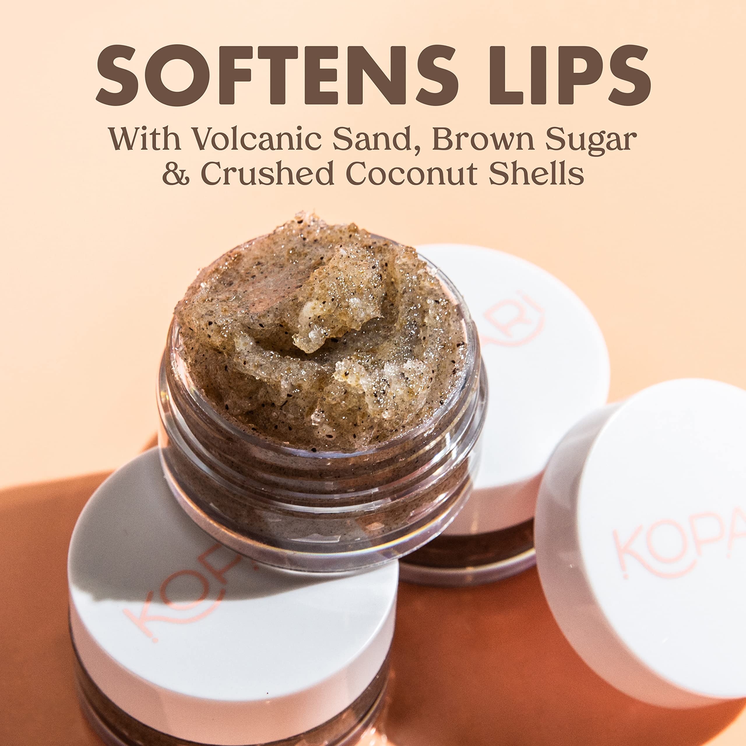 Kopari Coconut Lip Scrubby crushed coconut shells provide natural texture for scrubbing.