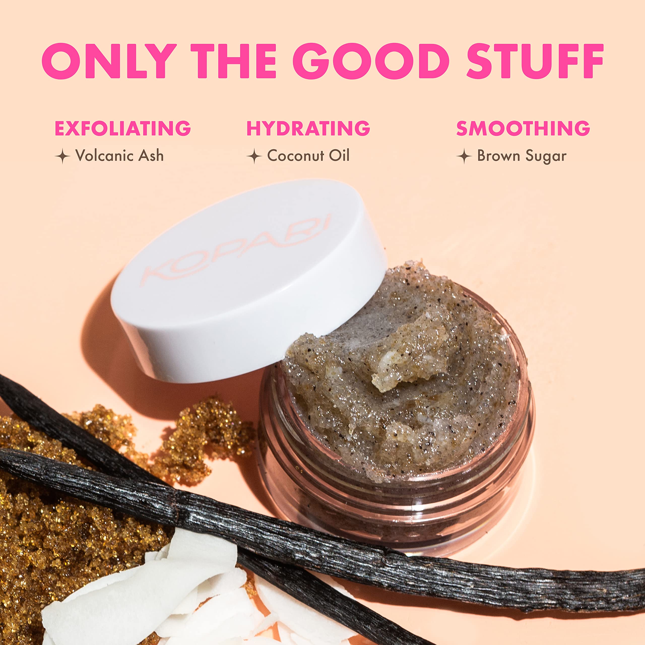 Kopari Coconut Lip Scrubby vanilla scent enhances pampering lip care routine.