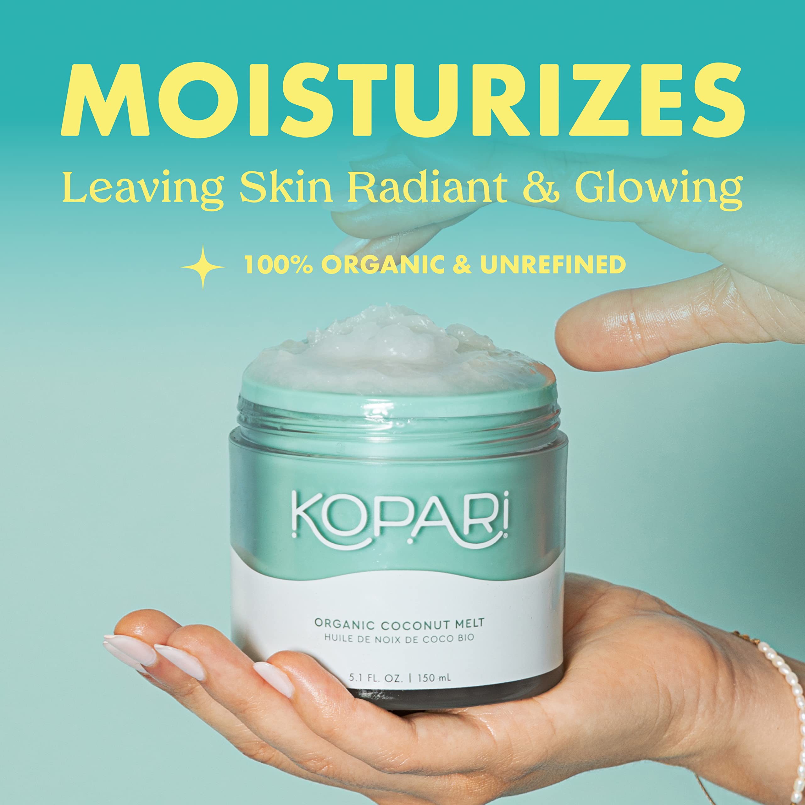 Close-up of Kopari Coconut Melt texture shows silky oil for all skin types.