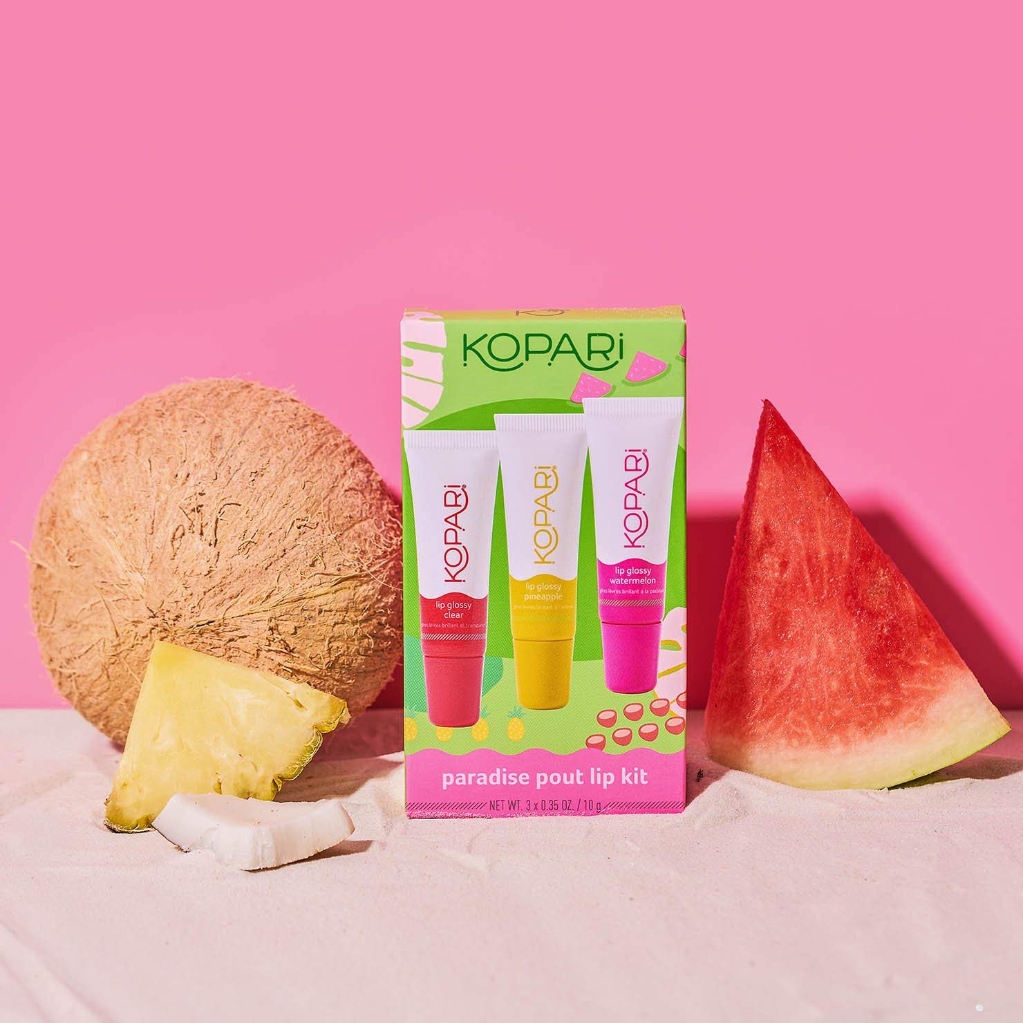 Kopari Coconut Lip Glossy ingredients panel highlights organic coconut oil benefits.