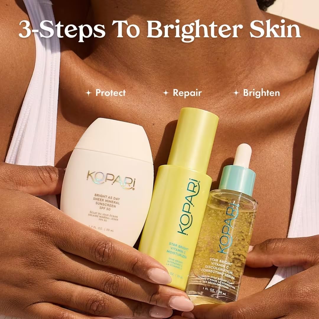 Kopari Daily-use routine image suggests AM/PM application for balanced skin.