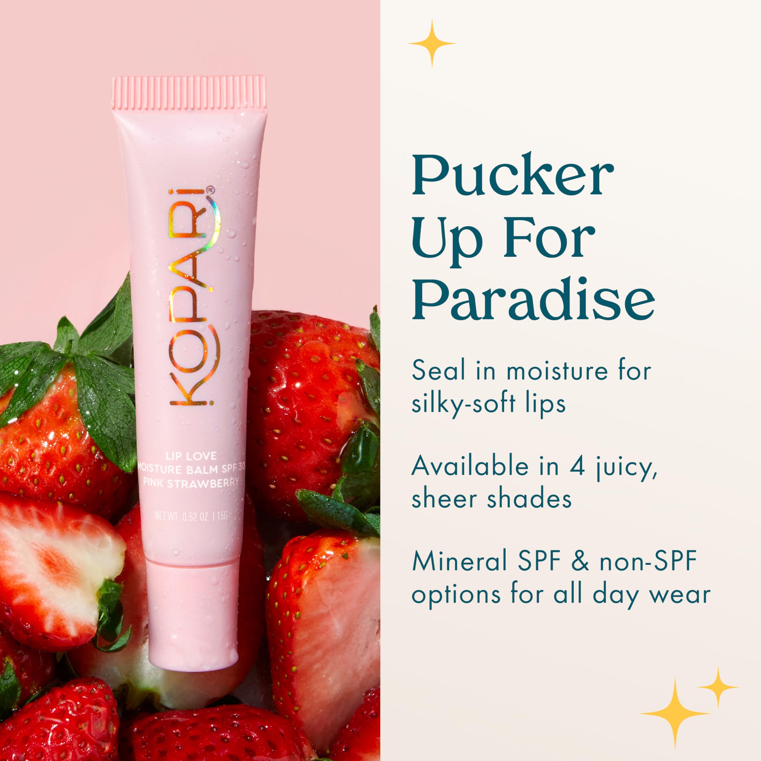 Kopari Lip Love delivers a non-sticky, weightless finish with pink tint.