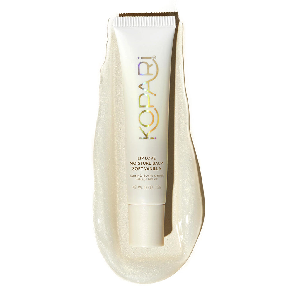 Kopari Lip Love Moisture Balm Soft Vanilla Shimmer in jar showing silky hydration and subtle glow