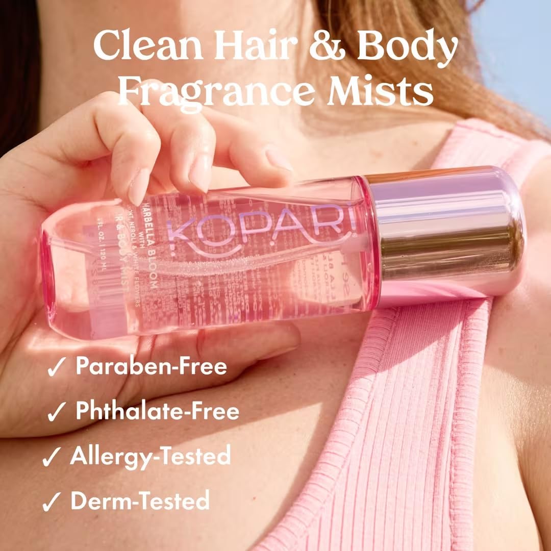 Kopari Marbella Bloom mist being applied to hair and skin for versatile layering