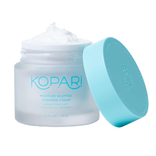 Kopari Moisture Whipped Ceramide Cream bottle shows long-lasting hydration for daily use