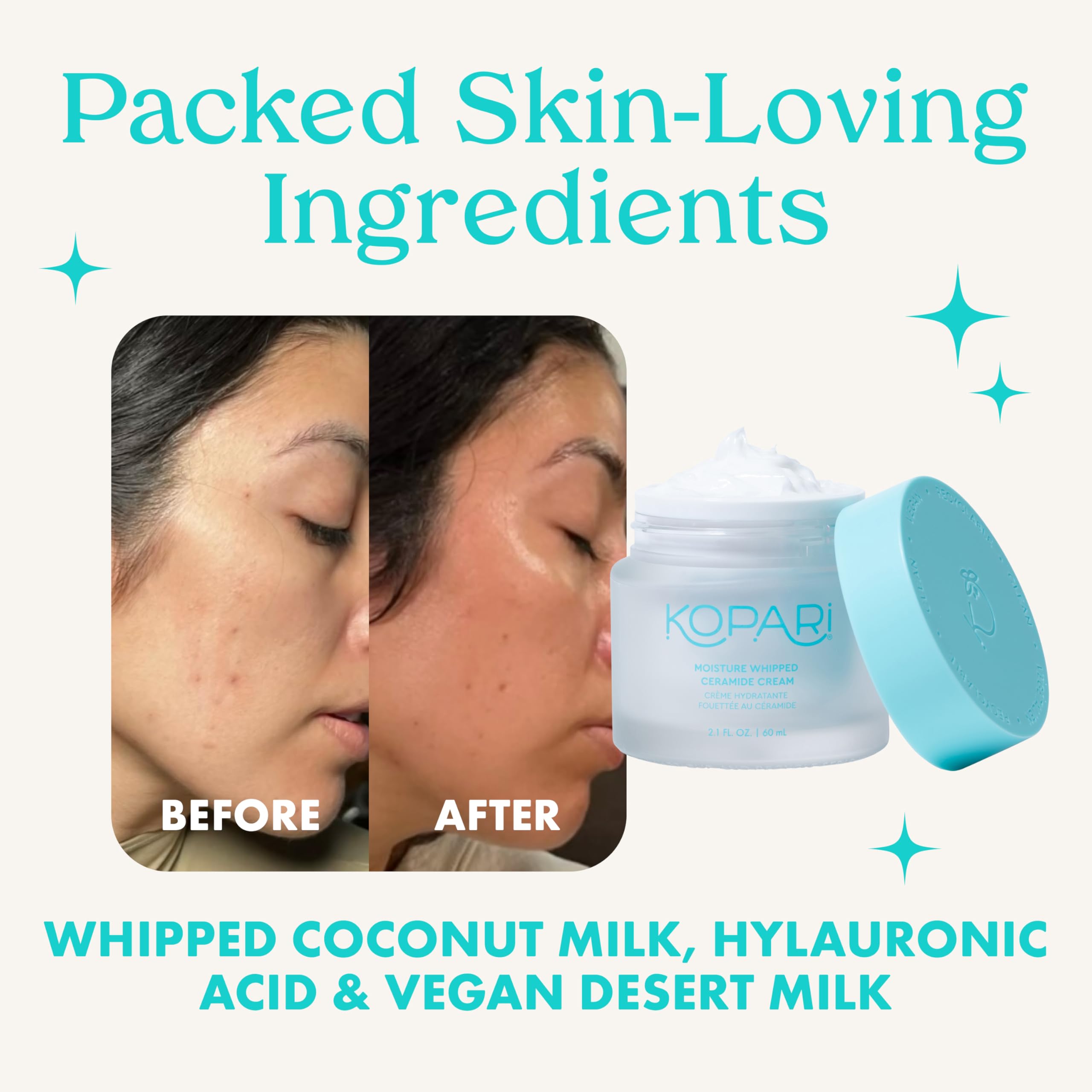 Kopari Moisture Whipped Ceramide Cream jar close-up emphasizes fast-absorbing formula