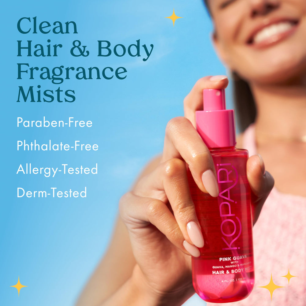 Kopari Pink Guava fragrance notes close-up, guava, mango and mandarin evoke sunny moments.