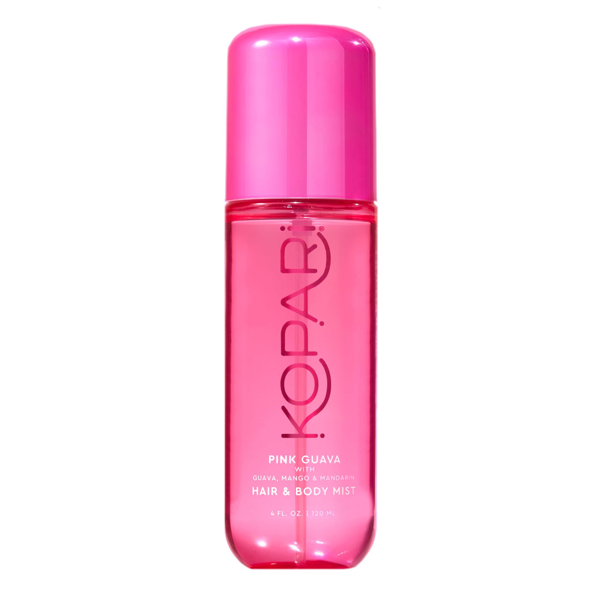 Kopari Pink Guava Hair & Body Mist bottle front, long-lasting tropical fragrance for everyday wear.