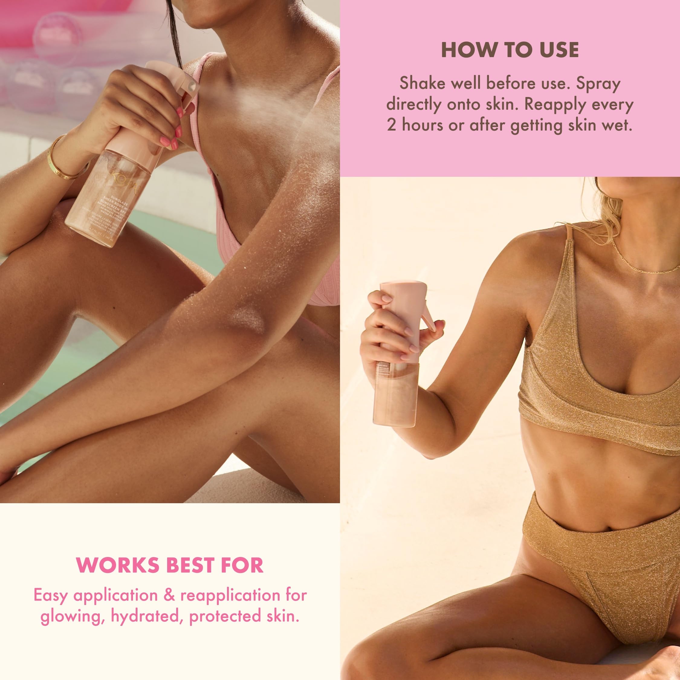 Kopari Rose Gold Sunglaze at the beach for quick hydration and sun defense