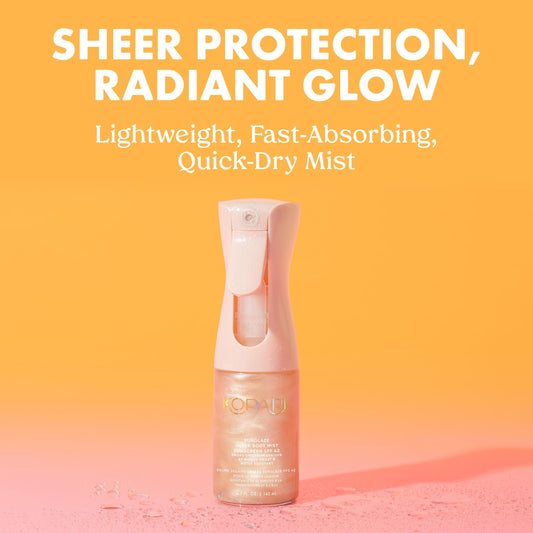 Kopari Rose Gold Sunglaze spray shows even mist for easy hydration