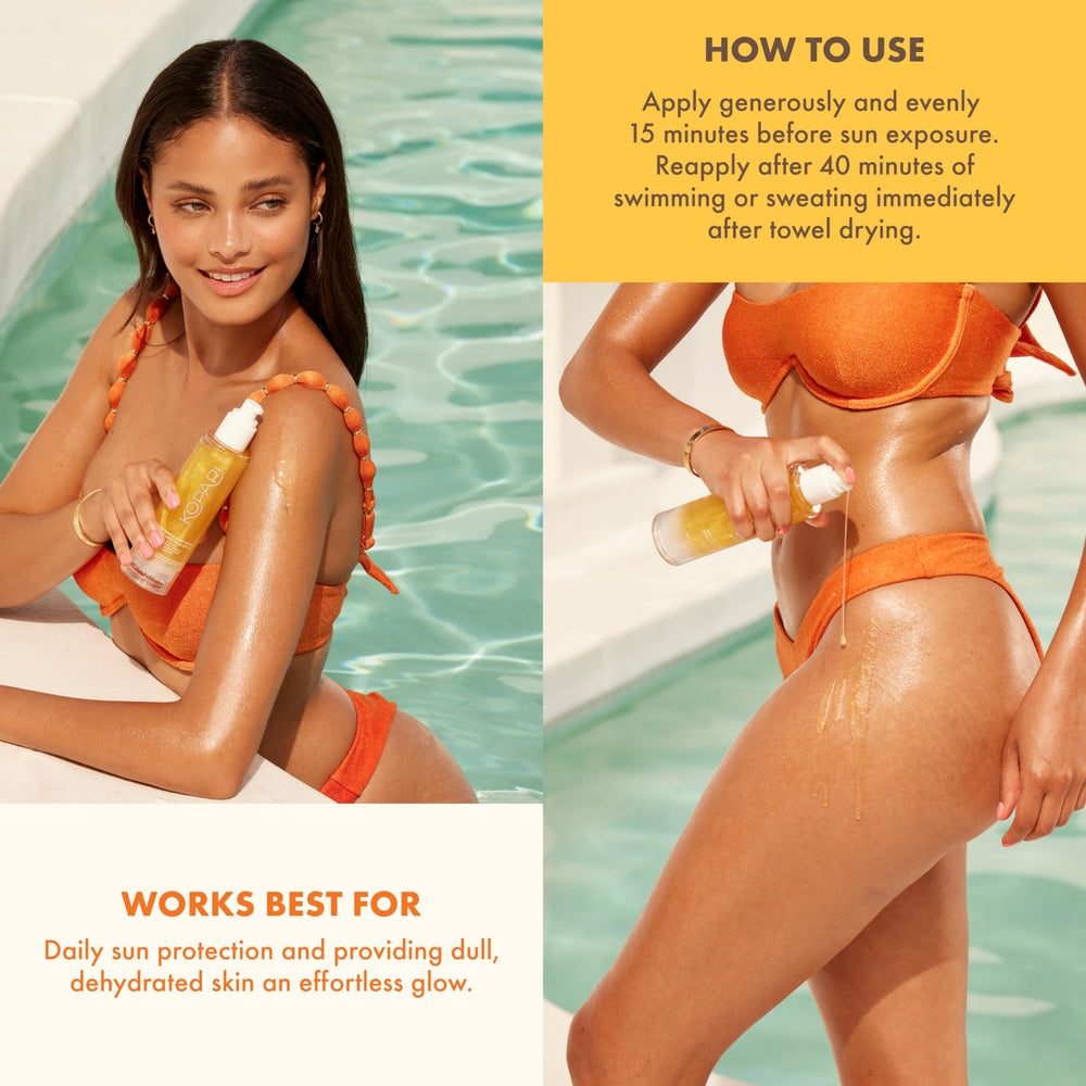 Kopari Sun Shield Body Glow coconut milk scent adds beachy vibe.